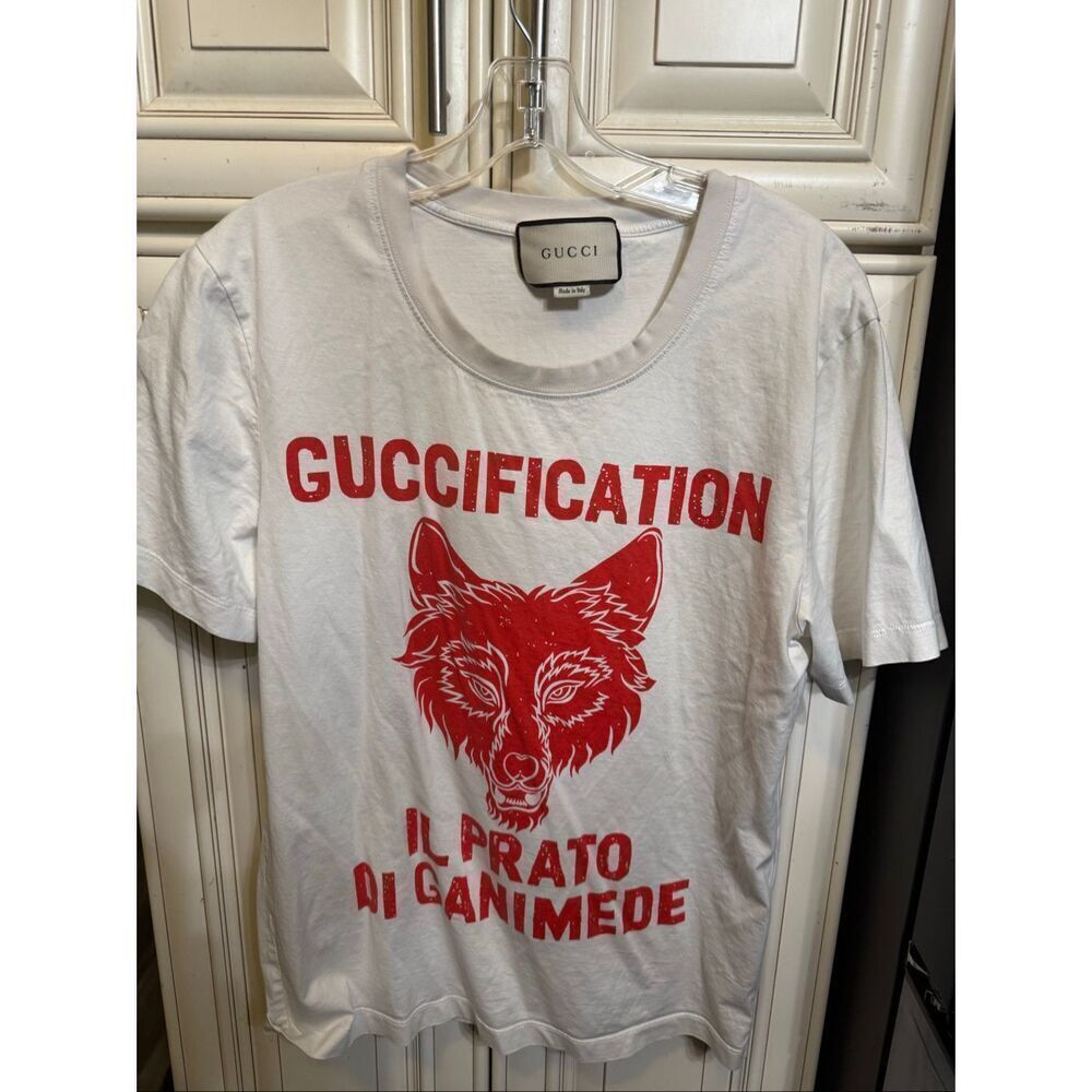 Gucci Unisex Crew Neck Short Sleeve Guccification Wolf Graphic Tee White Small